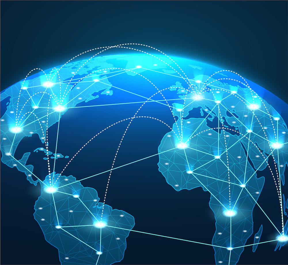 A globe with differnet lines connecting cities and countries. Image from Shutterstock.